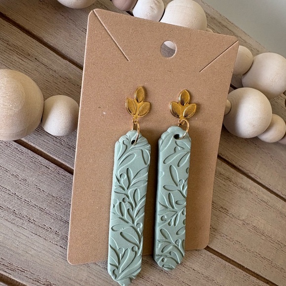 Handmade Sage Green Leaf Embossed Earrings - Gold Leaf Studs Boho Chic Jewelry - Picture 4 of 8
